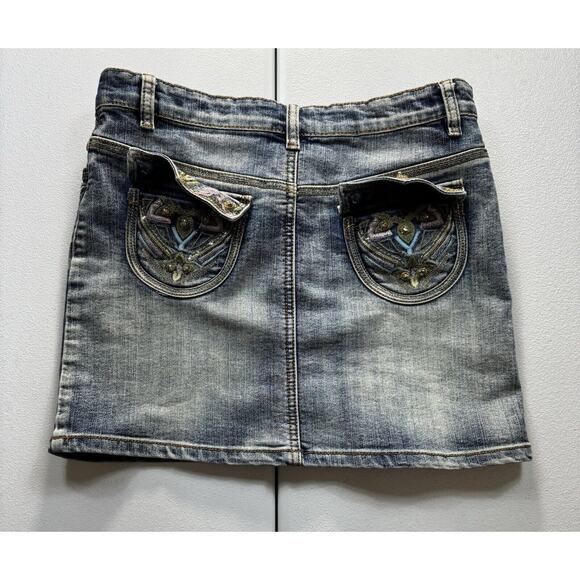 Vintage NEU Look Jean Skirt Women’s 10 Blue Denim Embroidered Grunge Y2K - Picture 6 of 9